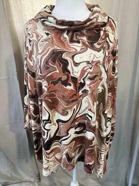 Carole Christian Marbled Cowl Neck Top — Brown & Cream Swirl